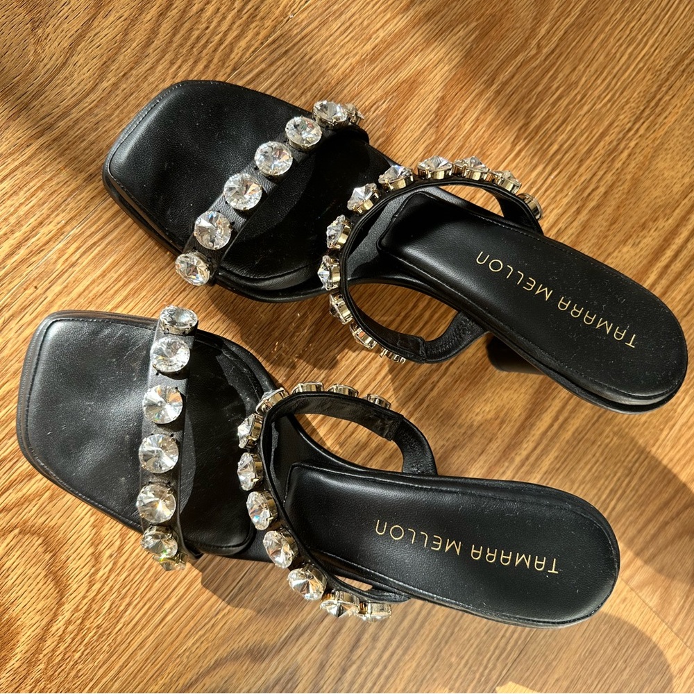 Tamara Mellon Black Crystal-Embellished Heeled Sandals